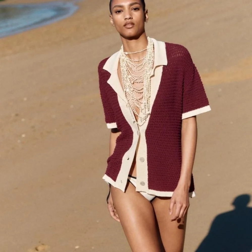 NWT Zara Open Knit Button Front Collared Polo Cardigan In Burgundy/Cream - S/M